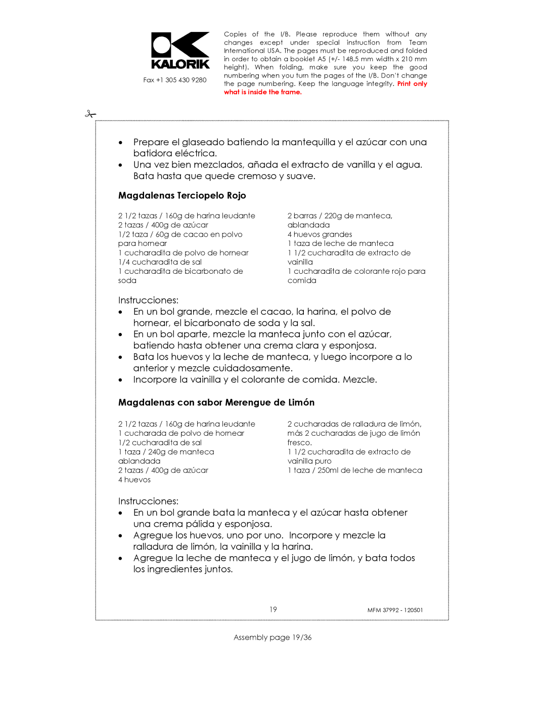 Kalorik MFM 37992 manual Magdalenas Terciopelo Rojo, Magdalenas con sabor Merengue de Limón, Assembly page 19/36 