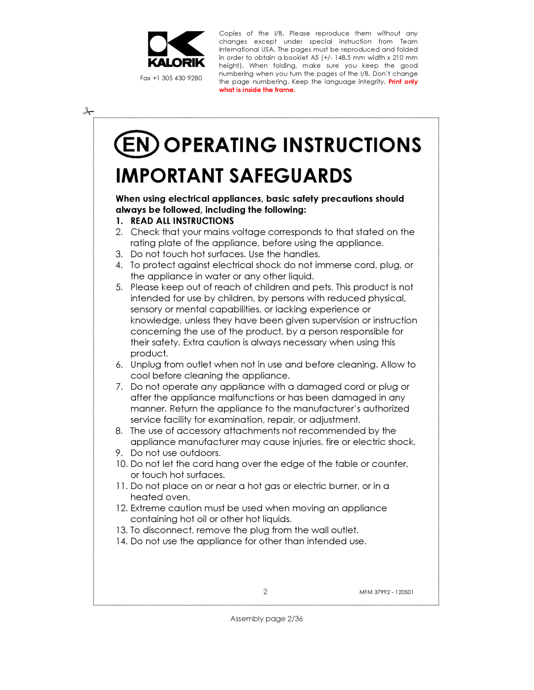 Kalorik MFM 37992 manual Important Safeguards, Assembly page 2/36 