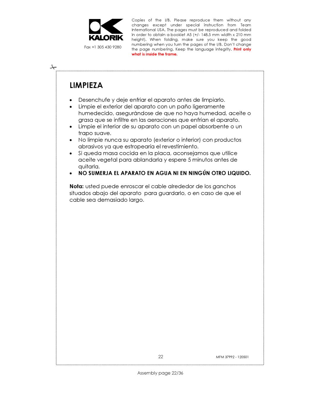 Kalorik MFM 37992 manual Limpieza, Assembly page 22/36 