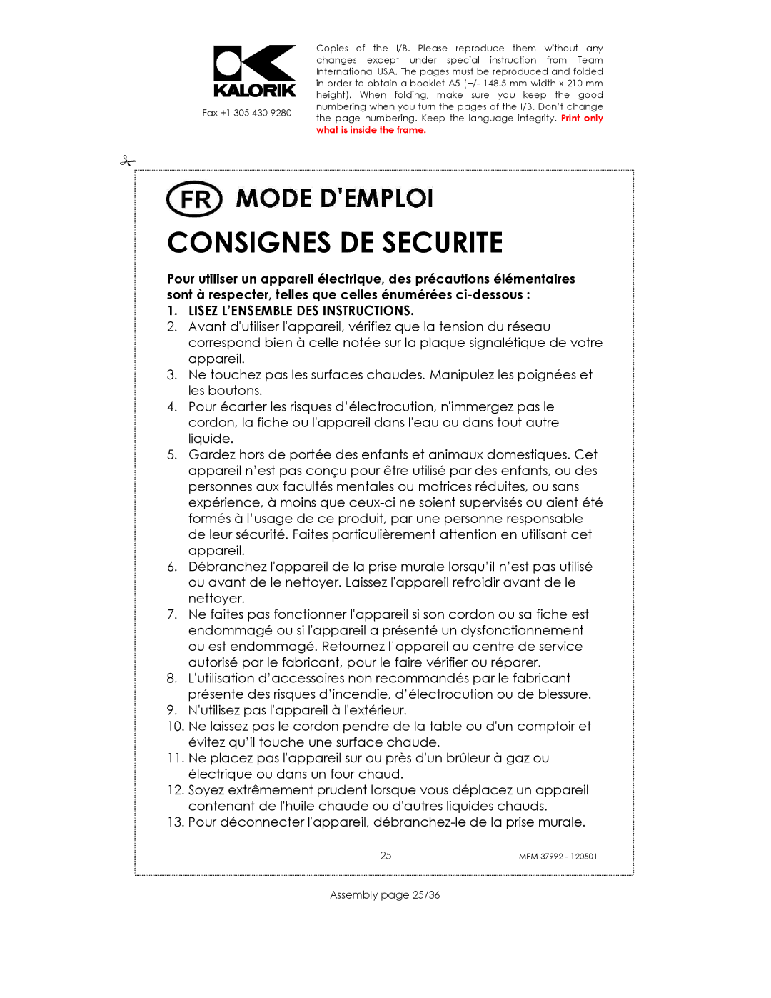 Kalorik MFM 37992 manual Consignes DE Securite, Assembly page 25/36 