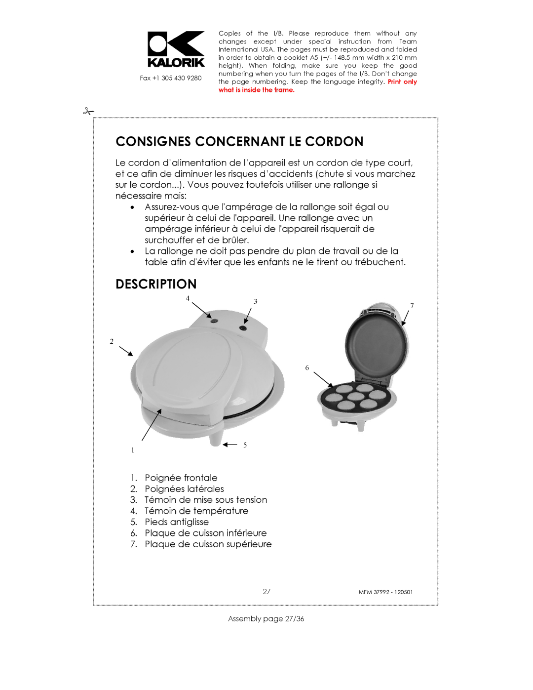 Kalorik MFM 37992 manual Consignes Concernant LE Cordon, Description, Assembly page 27/36 