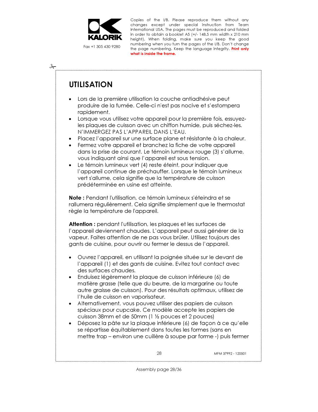 Kalorik MFM 37992 manual Utilisation, Assembly page 28/36 