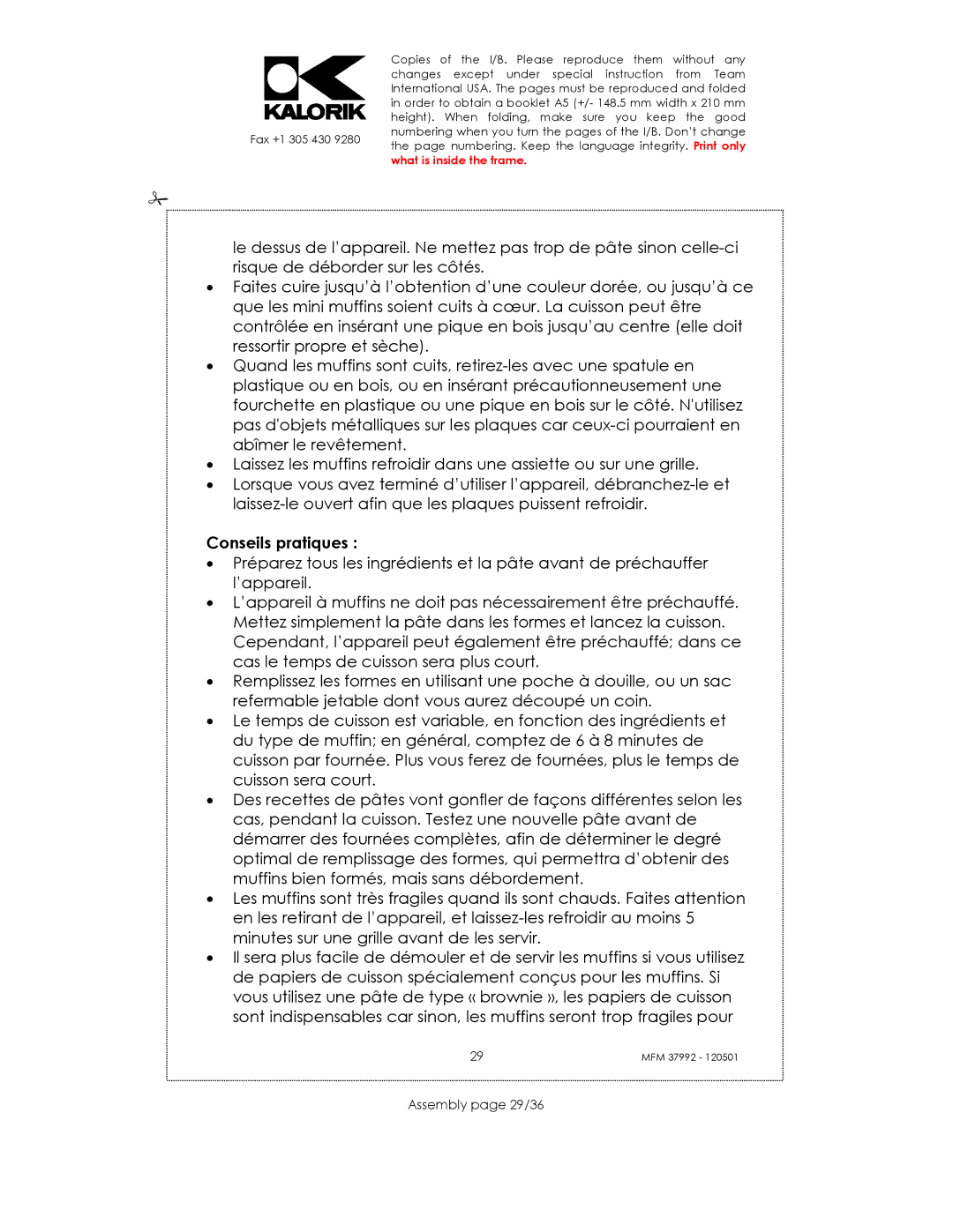 Kalorik MFM 37992 manual Conseils pratiques, Assembly page 29/36 