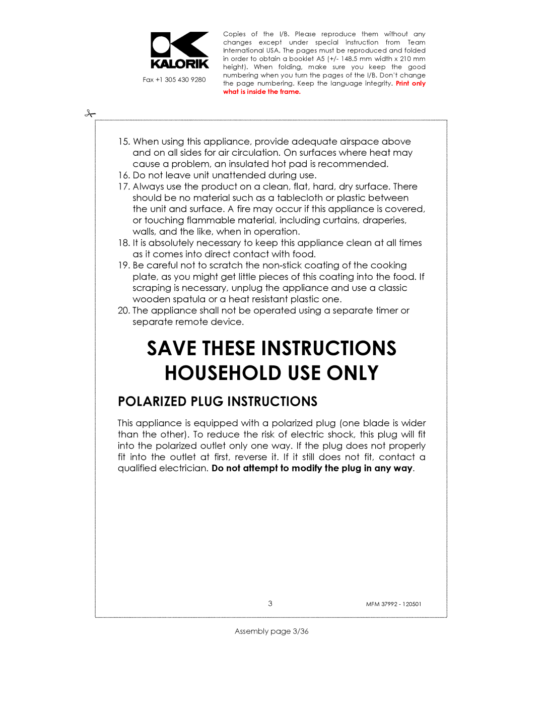 Kalorik MFM 37992 manual Household USE only, Polarized Plug Instructions, Assembly page 3/36 