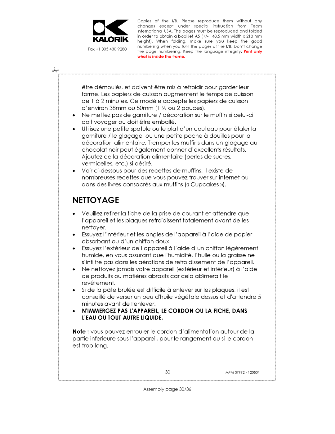 Kalorik MFM 37992 manual Nettoyage, Assembly page 30/36 