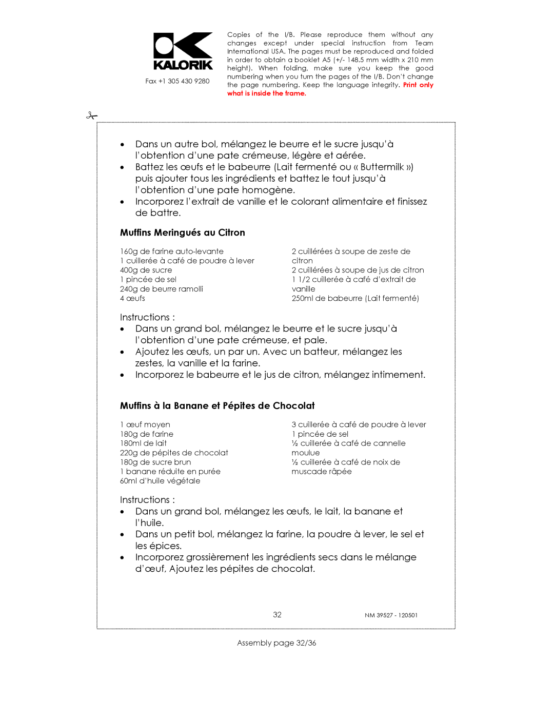 Kalorik MFM 37992 manual Muffins Meringués au Citron, Muffins à la Banane et Pépites de Chocolat, Assembly page 32/36 