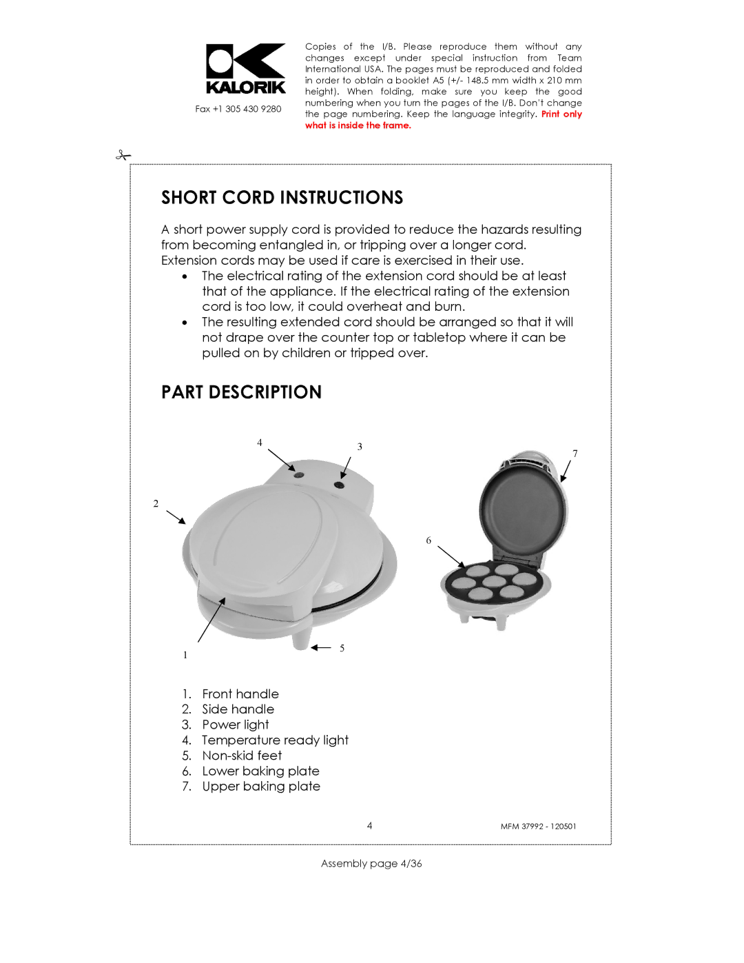 Kalorik MFM 37992 manual Short Cord Instructions, Part Description, Assembly page 4/36 