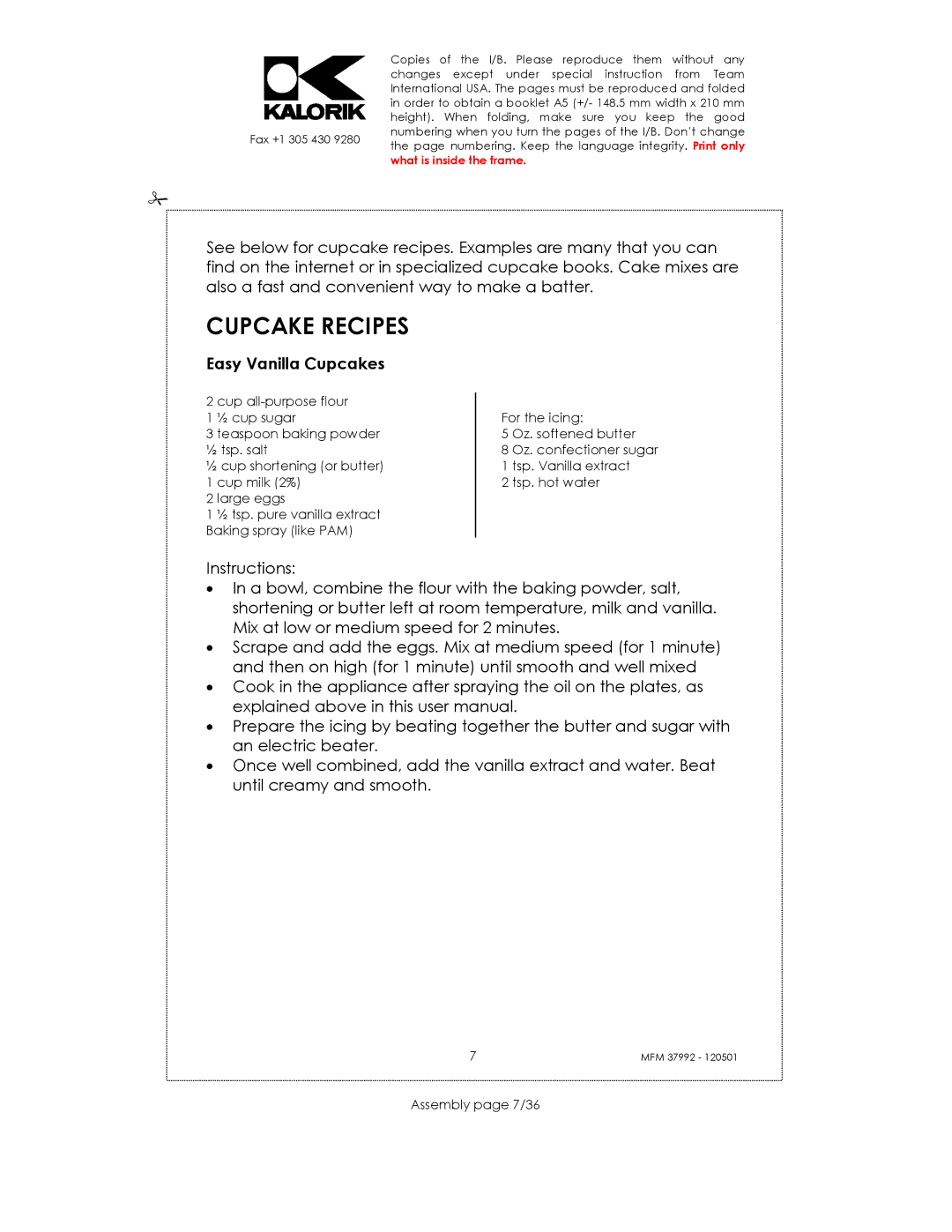 Kalorik MFM 37992 manual Cupcake Recipes, Easy Vanilla Cupcakes, Assembly page 7/36 