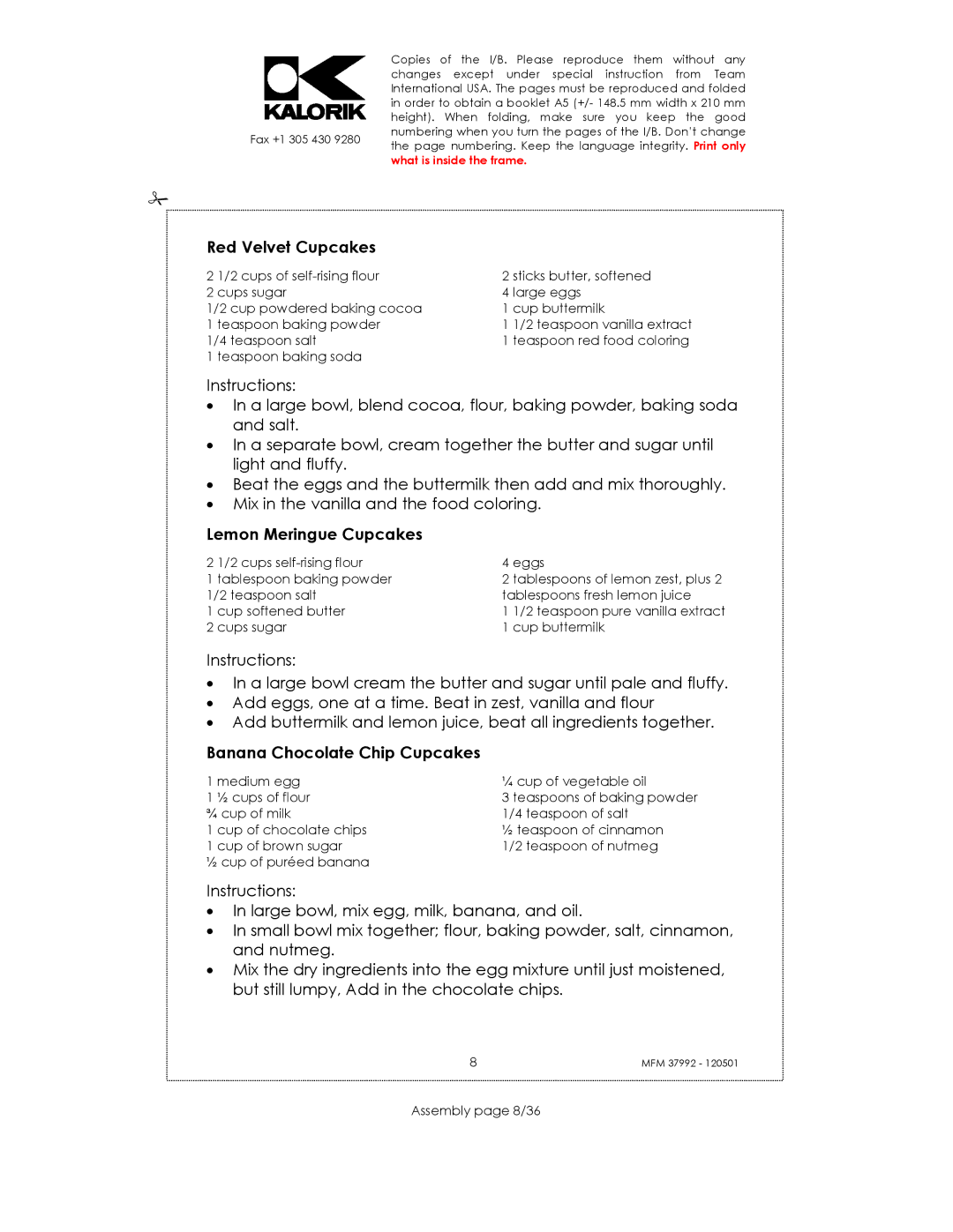 Kalorik MFM 37992 manual Red Velvet Cupcakes, Lemon Meringue Cupcakes, Banana Chocolate Chip Cupcakes, Assembly page 8/36 