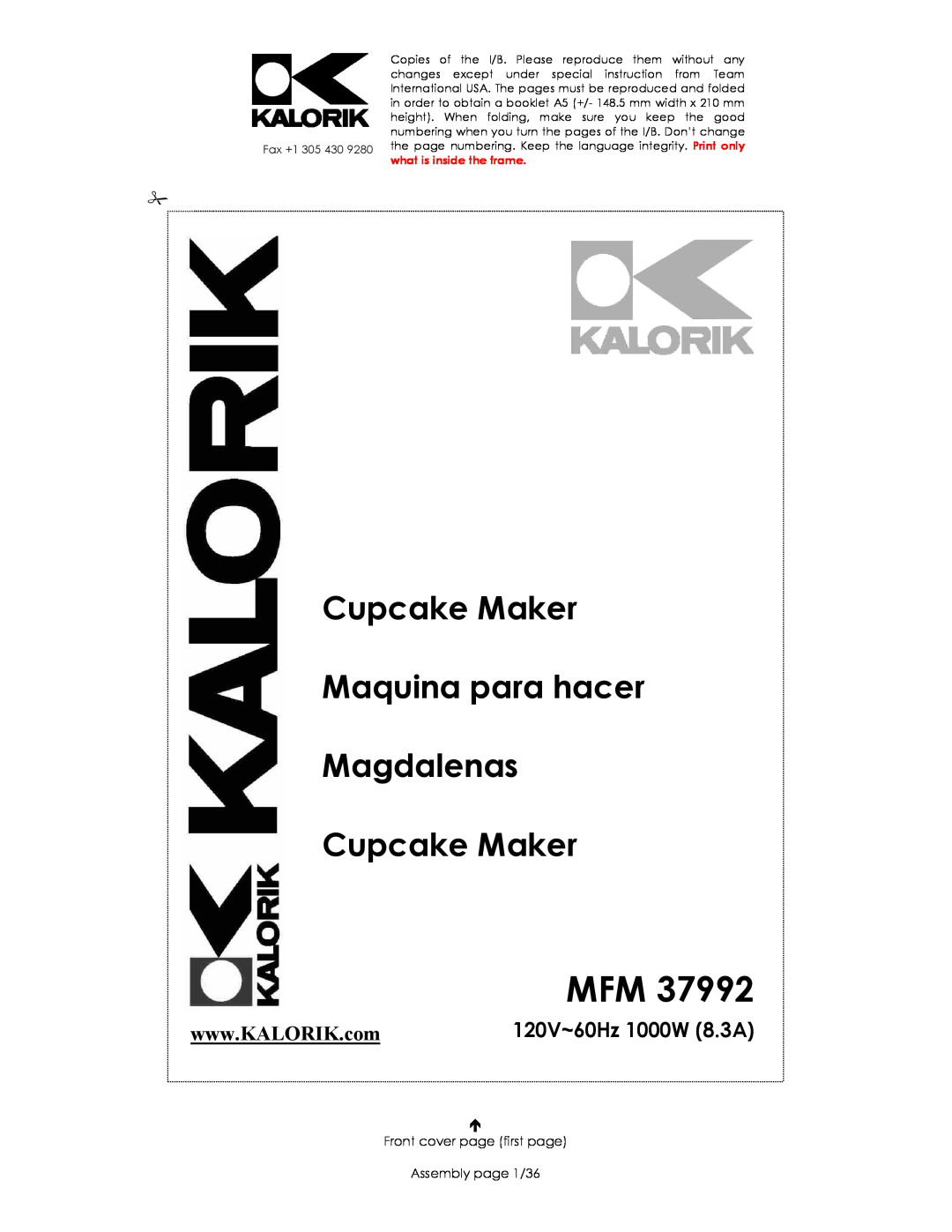 Kalorik MFM 37992 manual Cupcake Maker Maquina para hacer Magdalenas, 120V~60Hz 1000W 8.3A 