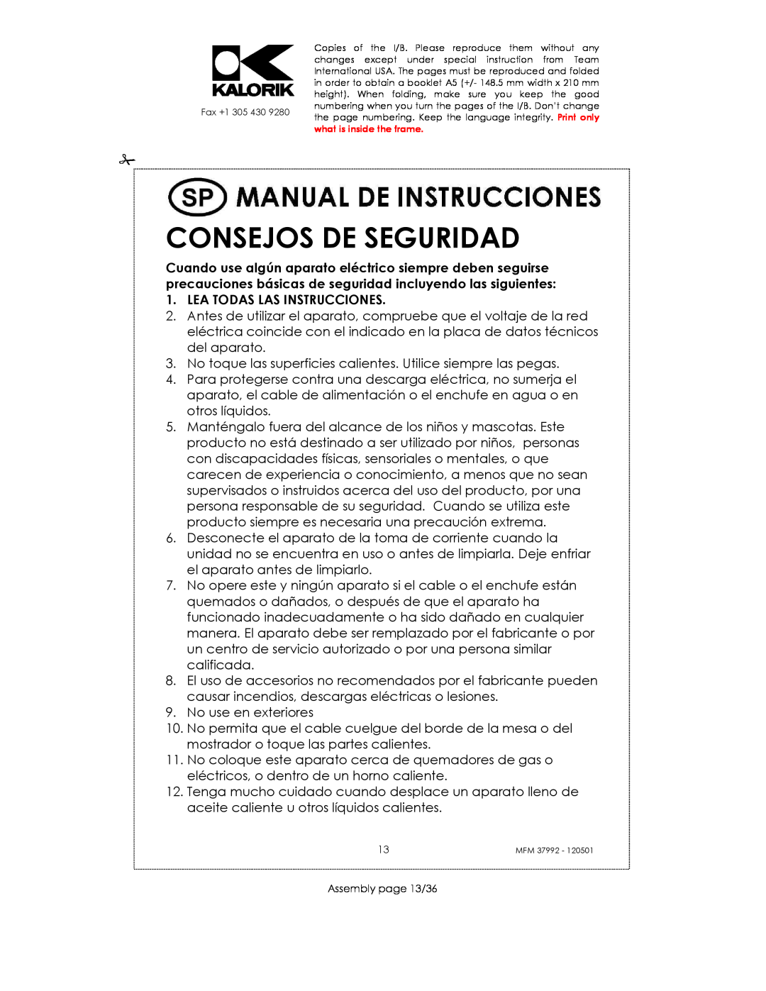 Kalorik MFM 37992 manual Consejos De Seguridad, Lea Todas Las Instrucciones 