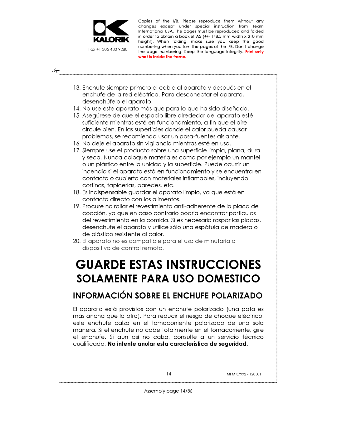Kalorik MFM 37992 manual Guarde Estas Instrucciones, Información Sobre El Enchufe Polarizado, Solamente Para Uso Domestico 