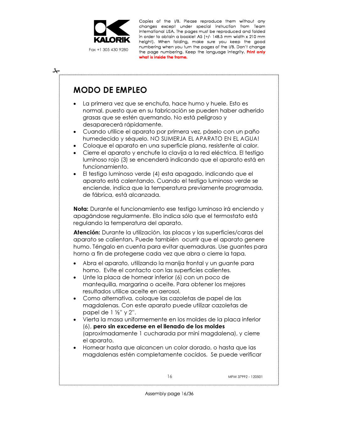 Kalorik MFM 37992 manual Modo De Empleo, Assembly page 16/36 