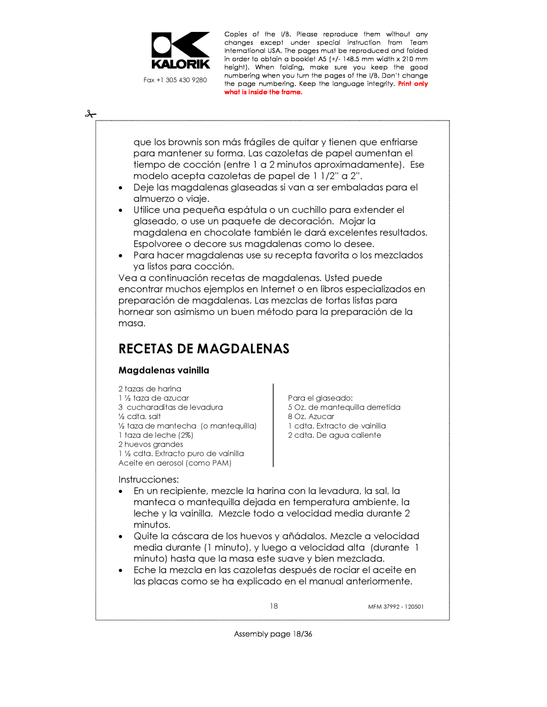 Kalorik MFM 37992 manual Recetas De Magdalenas, Magdalenas vainilla 