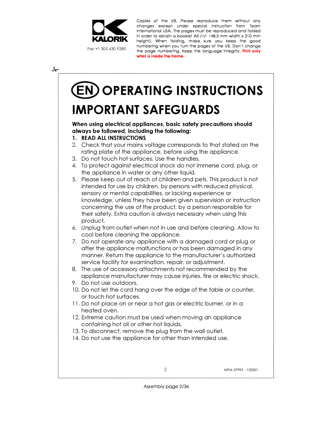 Kalorik MFM 37992 manual Important Safeguards, Read All Instructions 