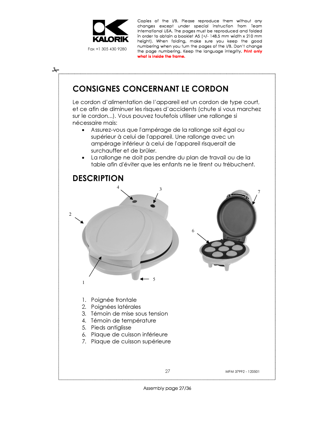 Kalorik MFM 37992 manual Consignes Concernant Le Cordon, Description 