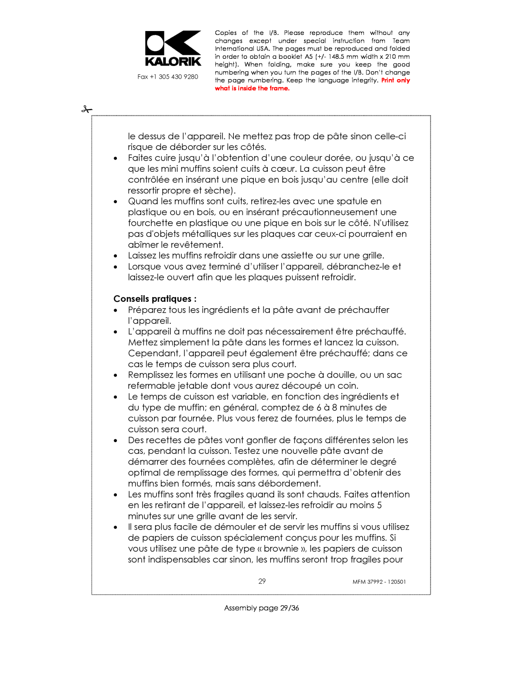 Kalorik MFM 37992 manual Conseils pratiques, Assembly page 29/36 