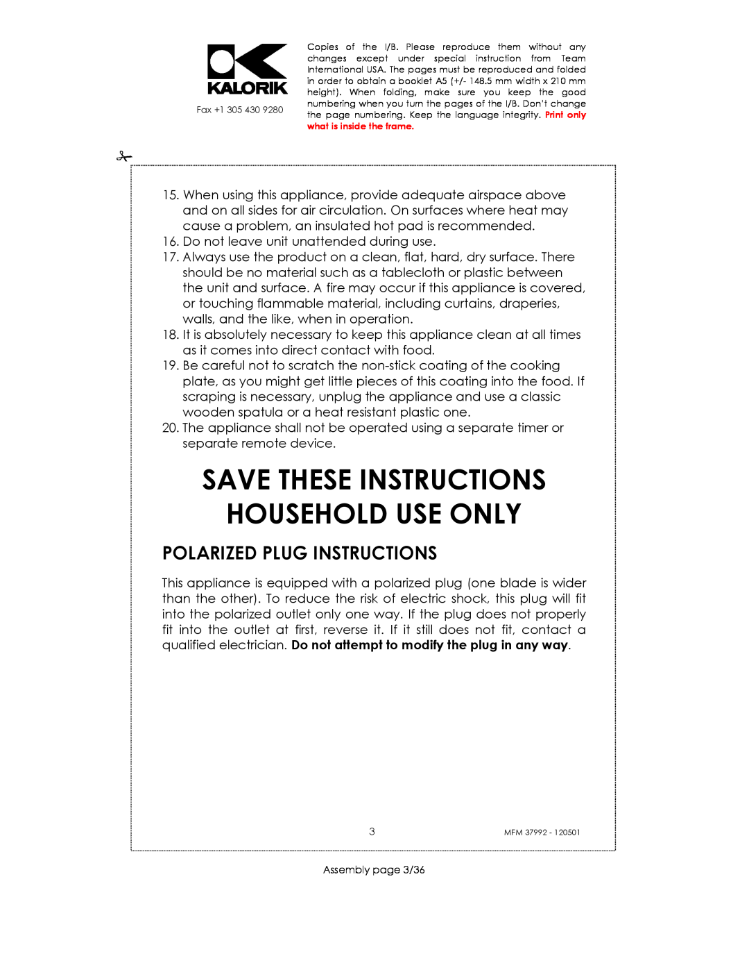 Kalorik MFM 37992 manual Save These Instructions Household Use Only, Polarized Plug Instructions 