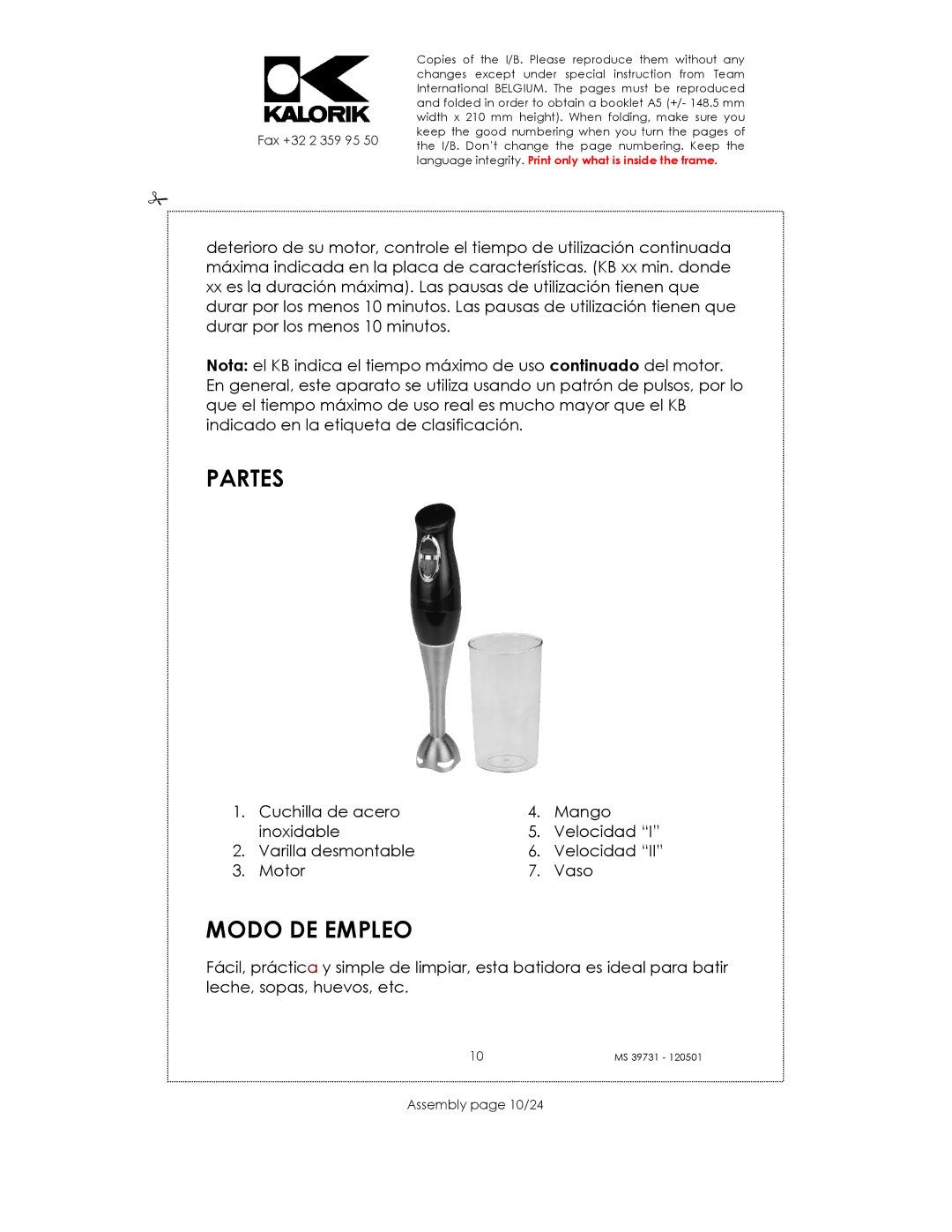 Kalorik MS 39731 manual Partes, Modo DE Empleo, Assembly page 10/24 