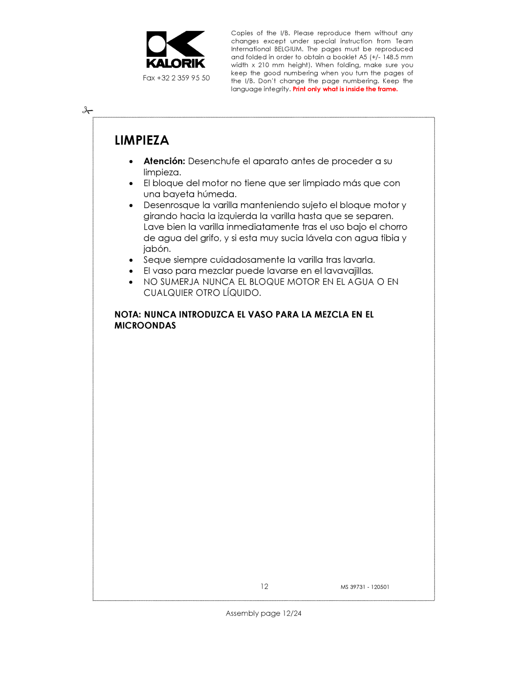 Kalorik MS 39731 manual Limpieza, Assembly page 12/24 