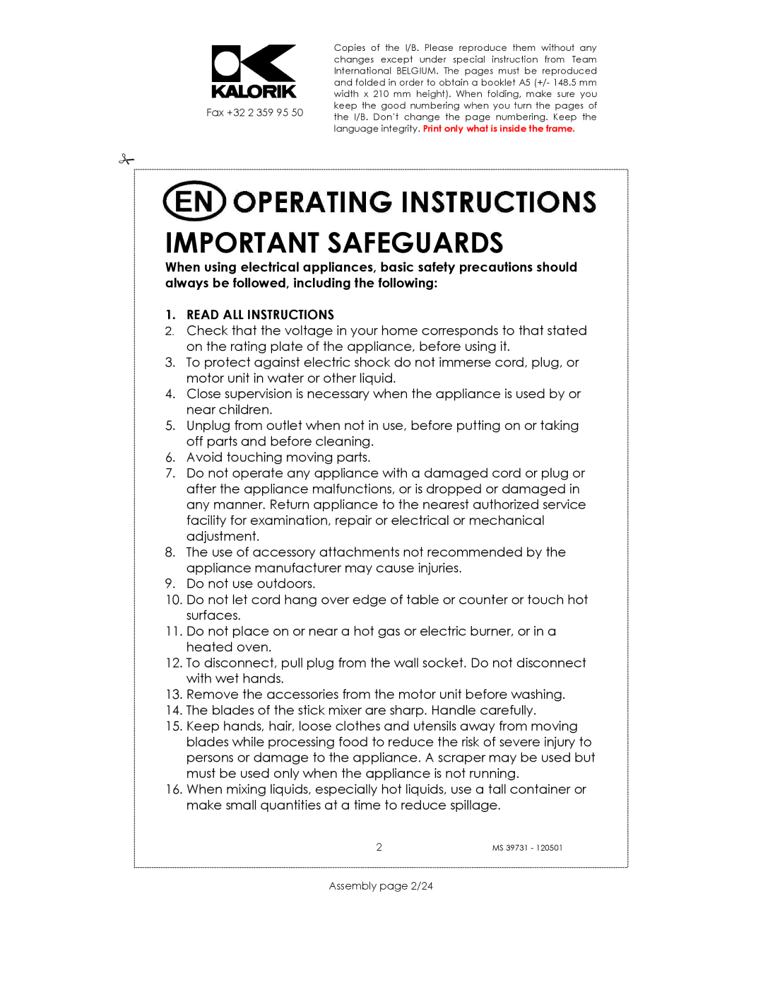 Kalorik MS 39731 manual Important Safeguards, Assembly page 2/24 