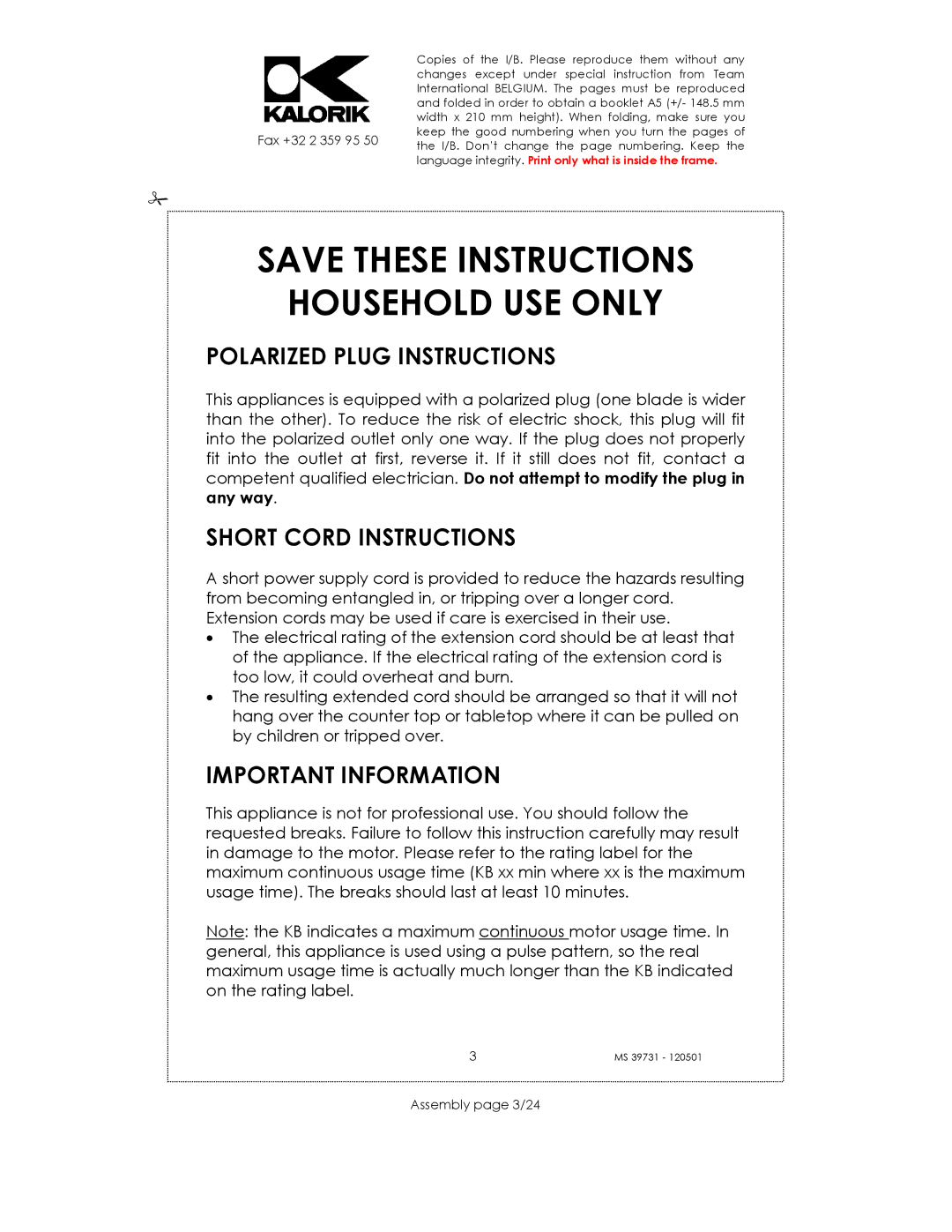 Kalorik MS 39731 manual Household USE only, Polarized Plug Instructions, Short Cord Instructions, Important Information 