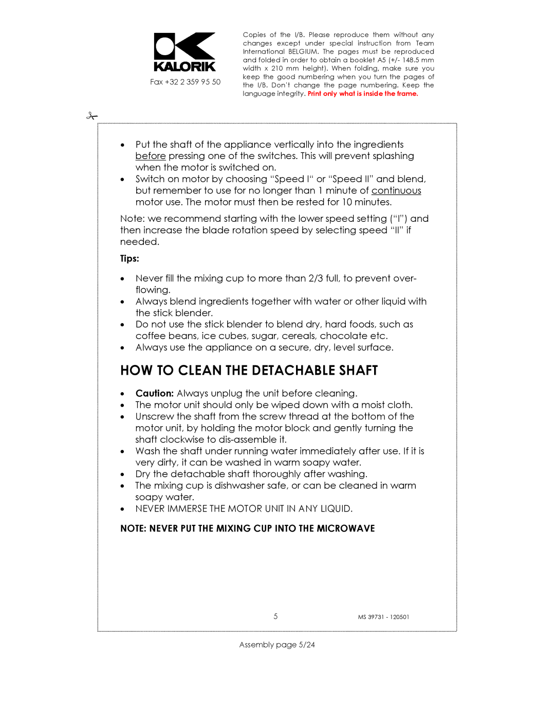 Kalorik MS 39731 manual HOW to Clean the Detachable Shaft, Tips, Assembly page 5/24 