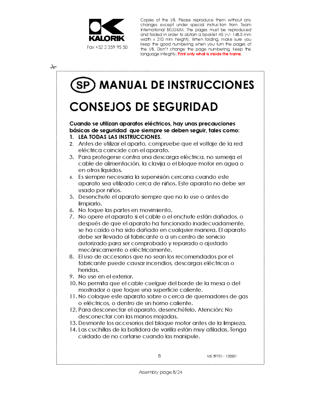 Kalorik MS 39731 manual Consejos DE Seguridad, Assembly page 8/24 