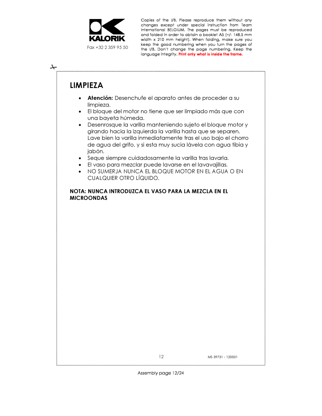 Kalorik MS 39731 manual Limpieza, Fax +32, Assembly page 12/24 