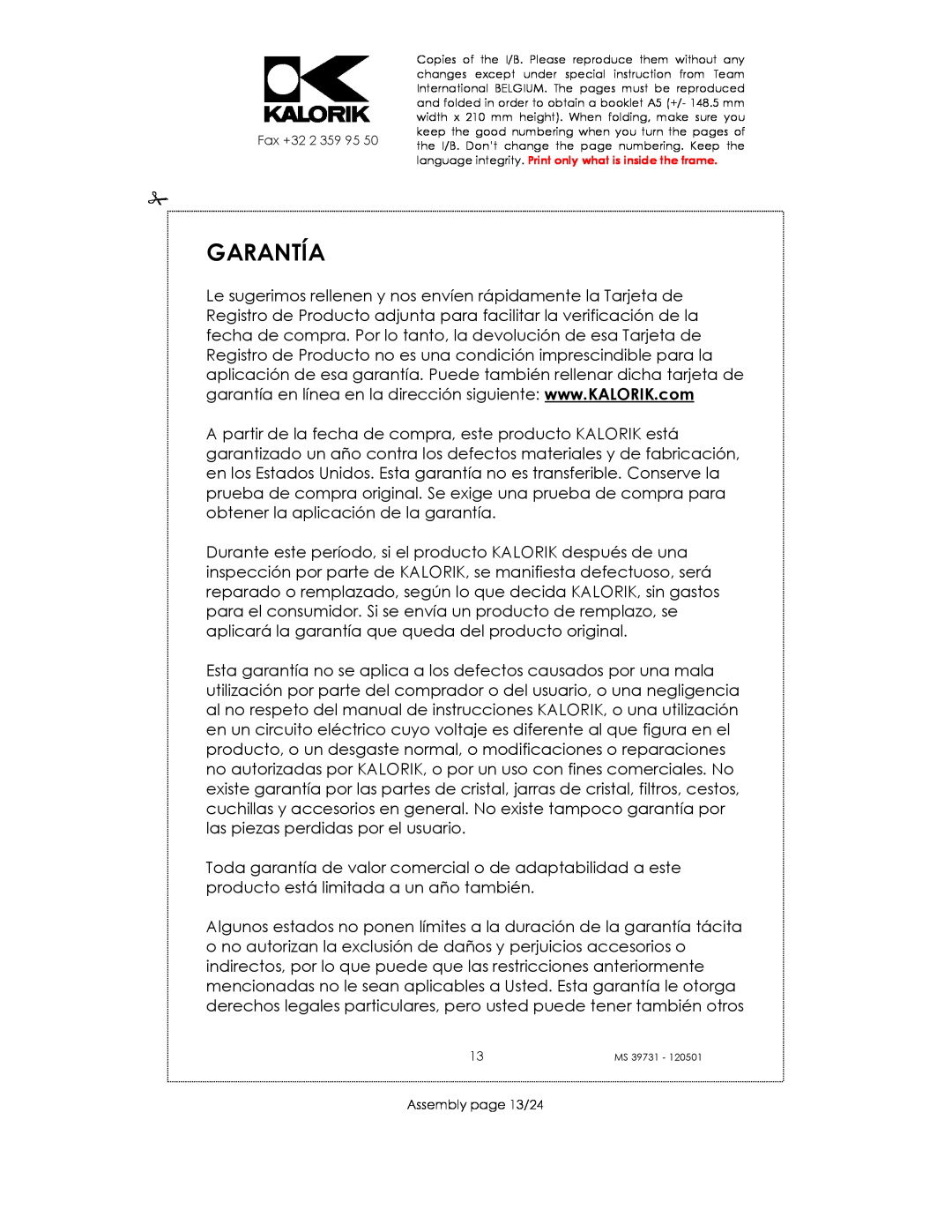 Kalorik MS 39731 manual Garantía, Fax +32, Assembly page 13/24 