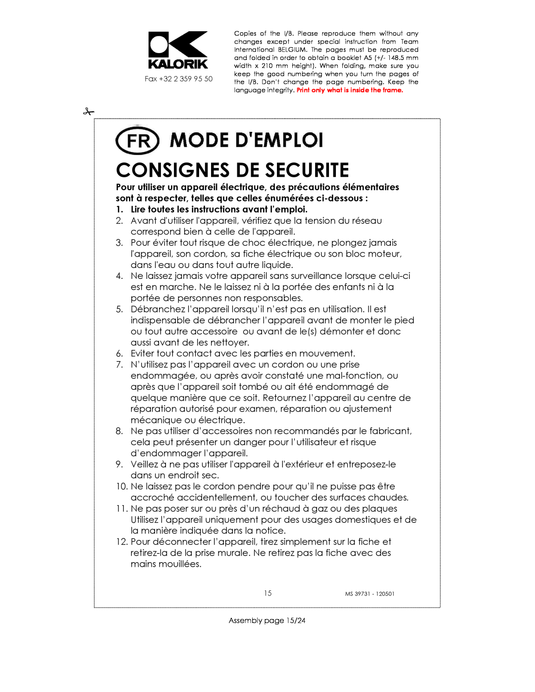 Kalorik MS 39731 manual Consignes De Securite, Lire toutes les instructions avant l’emploi 