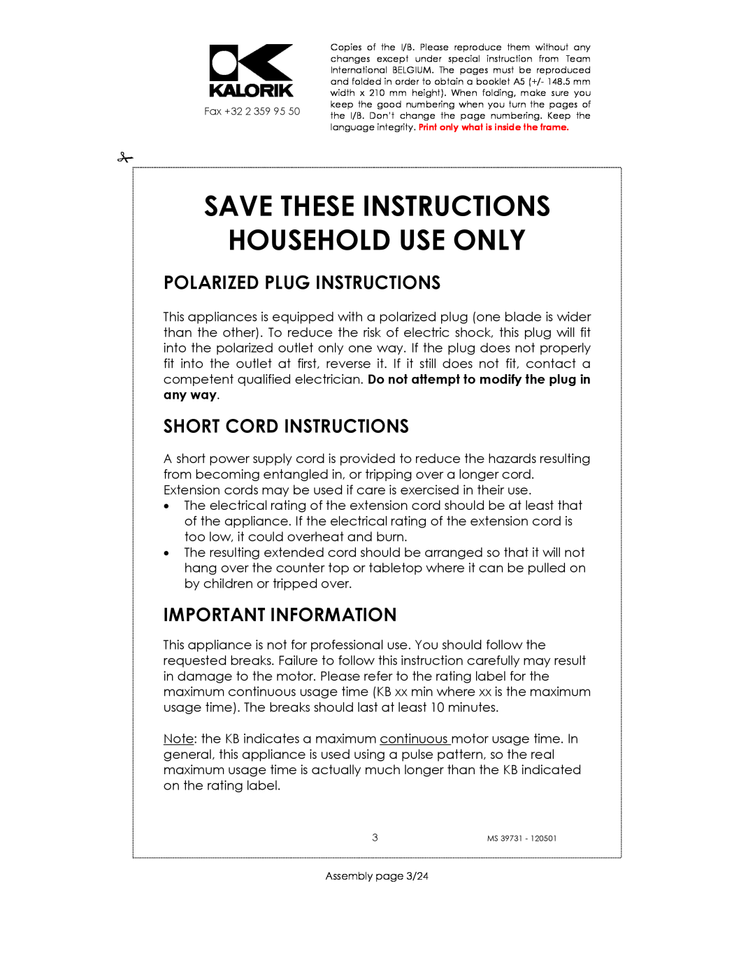 Kalorik MS 39731 manual Save These Instructions Household Use Only, Polarized Plug Instructions, Short Cord Instructions 