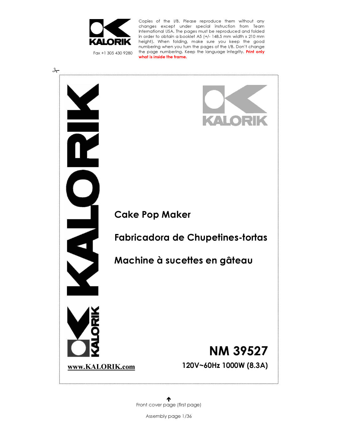 Kalorik NM 39527 manual 120V~60Hz 1000W 8.3A, Front cover page first Assembly page 1/36 