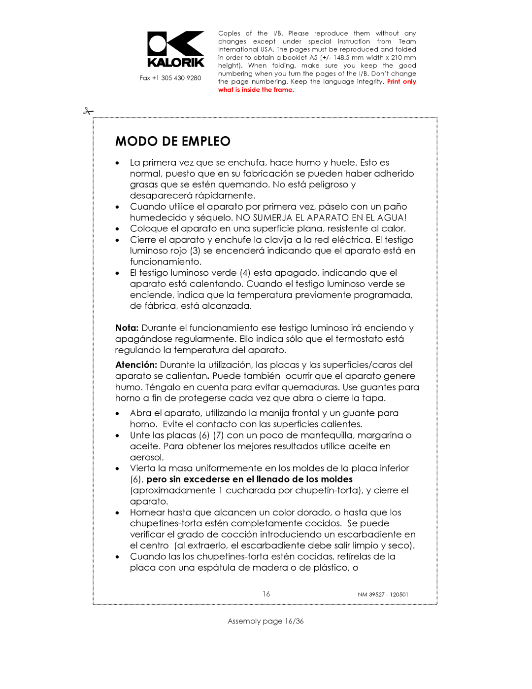 Kalorik NM 39527 manual Modo DE Empleo, Assembly page 16/36 