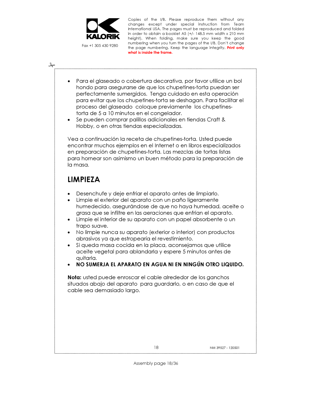 Kalorik NM 39527 manual Limpieza, No Sumerja EL Aparato EN Agua NI EN Ningún Otro Liquido, Assembly page 18/36 
