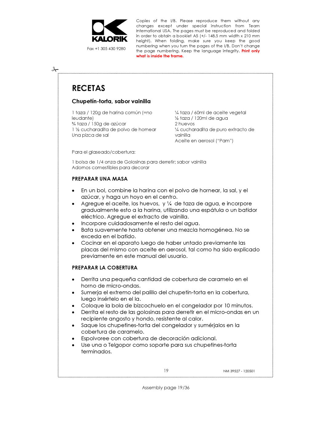 Kalorik NM 39527 manual Recetas, Chupetín-torta, sabor vainilla, Assembly page 19/36 