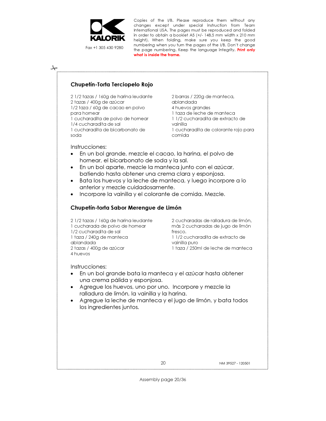 Kalorik NM 39527 manual Chupetín-Torta Terciopelo Rojo, Chupetín-torta Sabor Merengue de Limón, Assembly page 20/36 