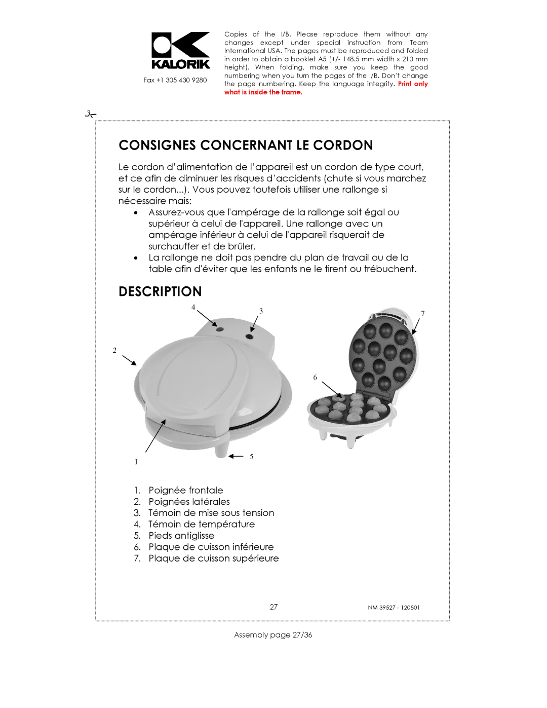 Kalorik NM 39527 manual Consignes Concernant LE Cordon, Description, Assembly page 27/36 