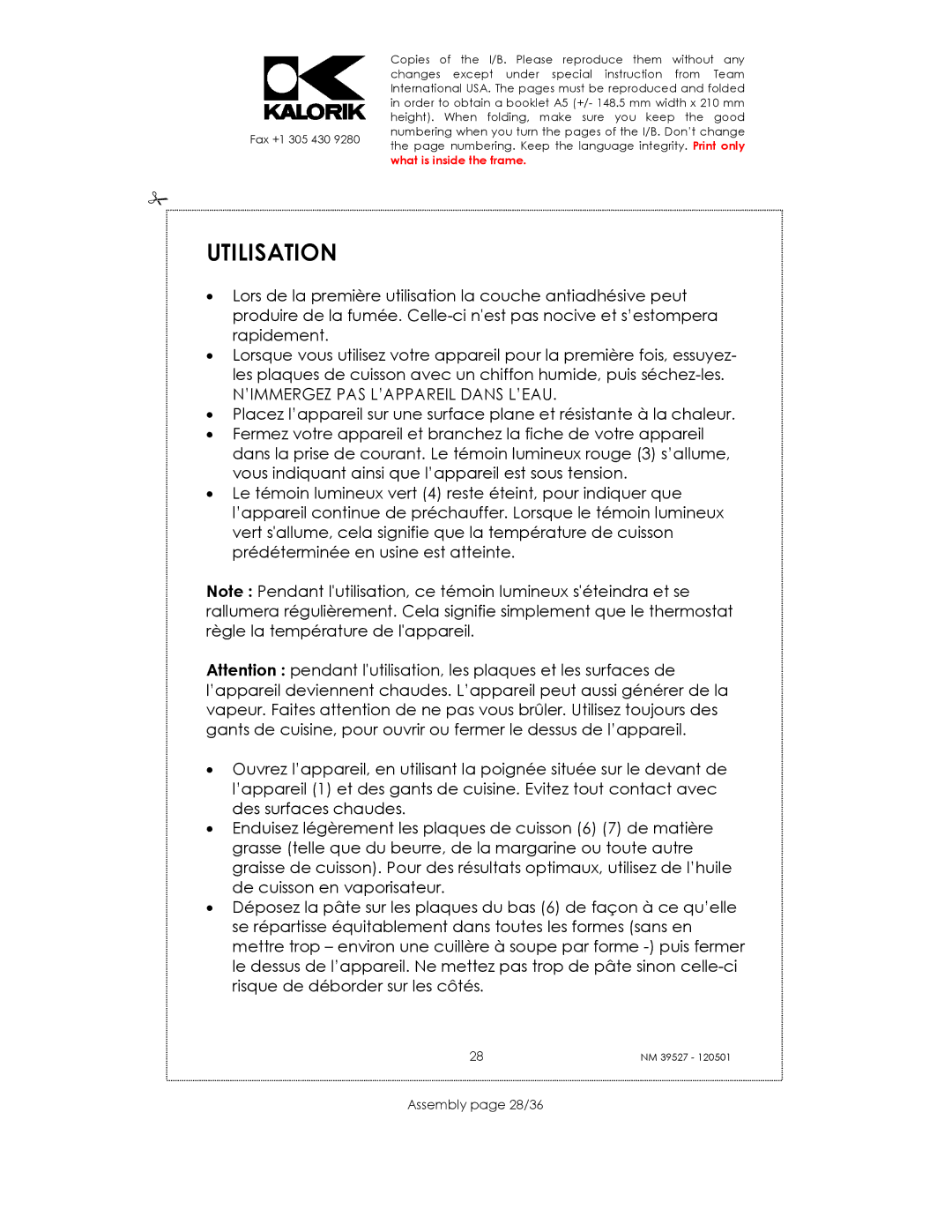 Kalorik NM 39527 manual Utilisation, Assembly page 28/36 