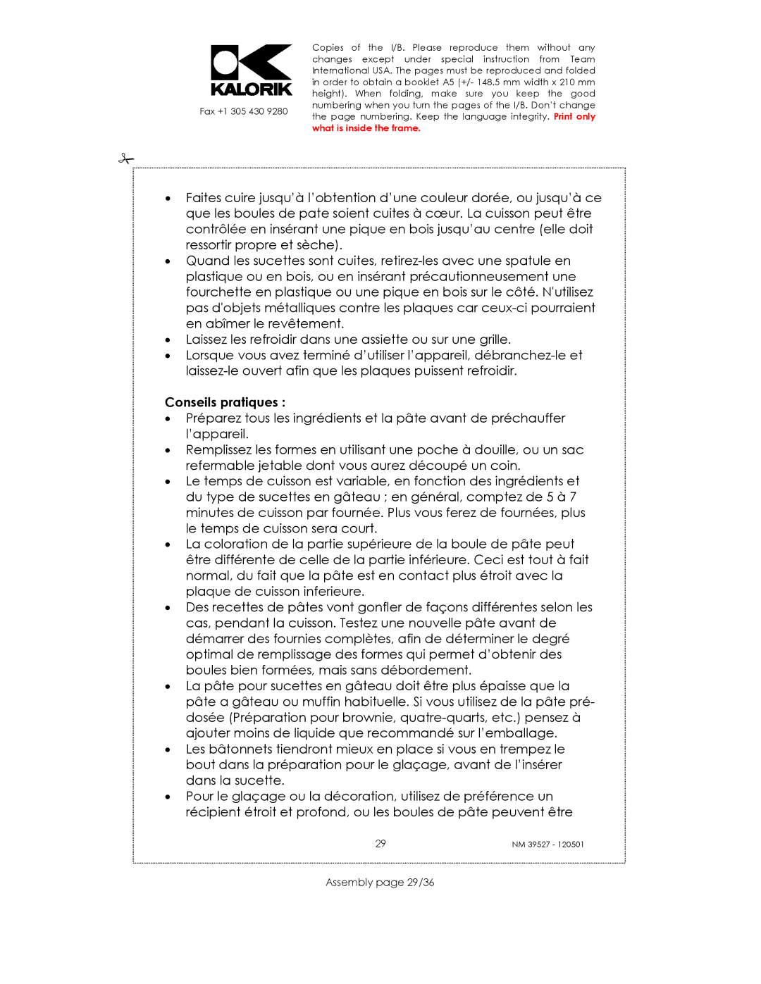 Kalorik NM 39527 manual Conseils pratiques, Assembly page 29/36 