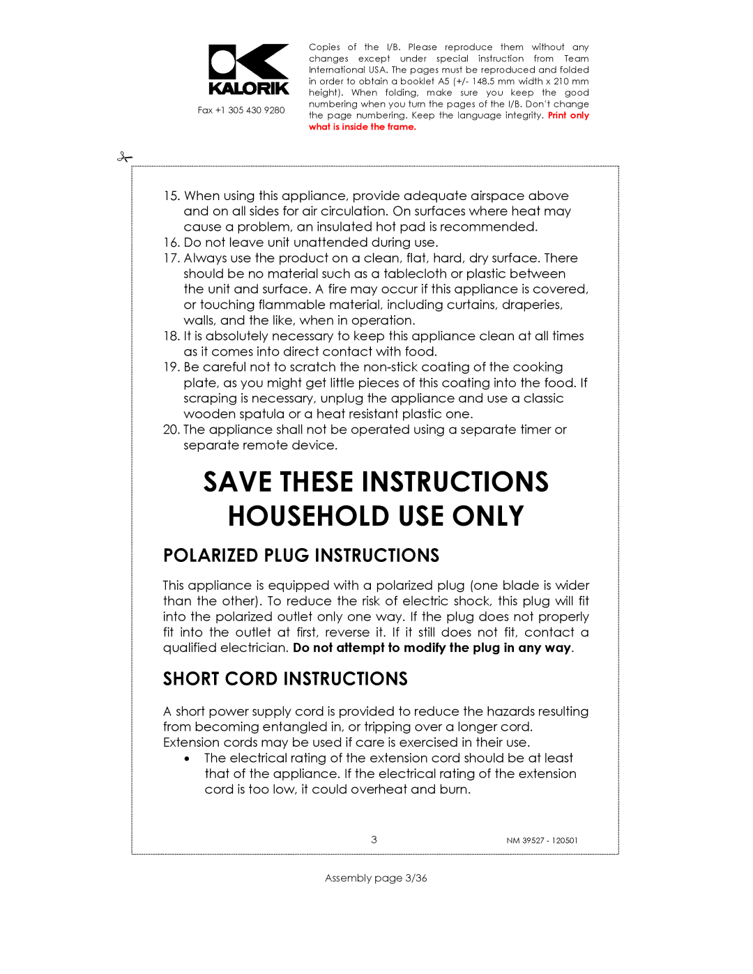 Kalorik NM 39527 manual Household USE only, Polarized Plug Instructions, Short Cord Instructions, Assembly page 3/36 