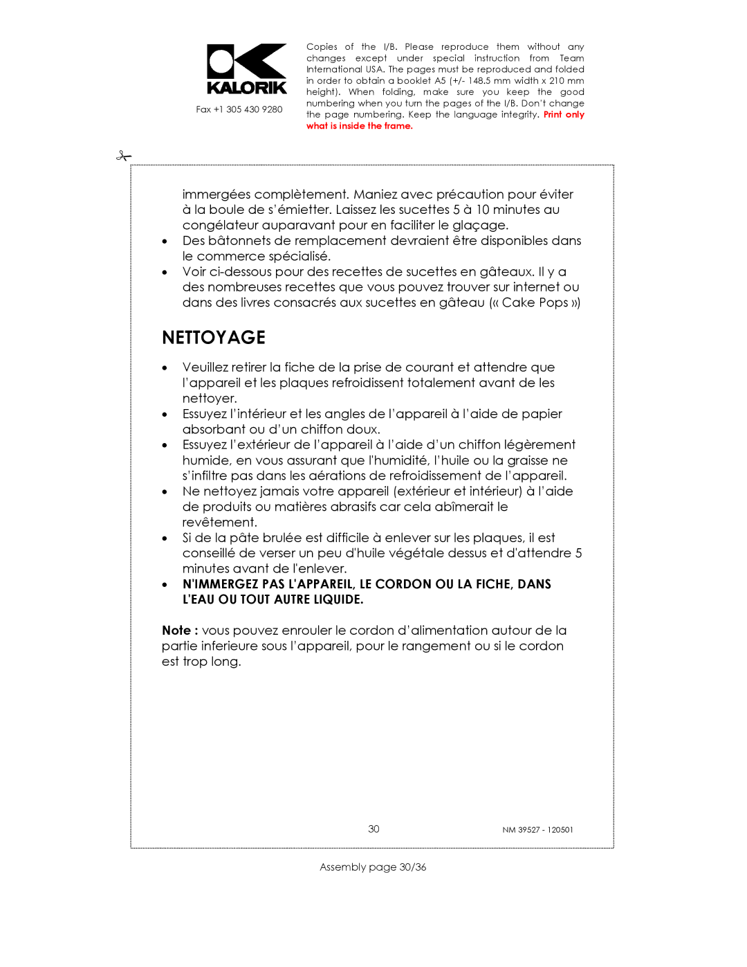 Kalorik NM 39527 manual Nettoyage, Assembly page 30/36 