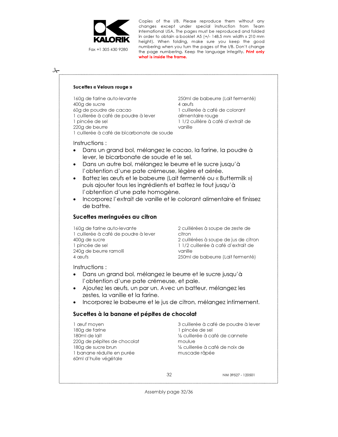 Kalorik NM 39527 manual Sucettes meringuées au citron, Sucettes à la banane et pépites de chocolat, Assembly page 32/36 