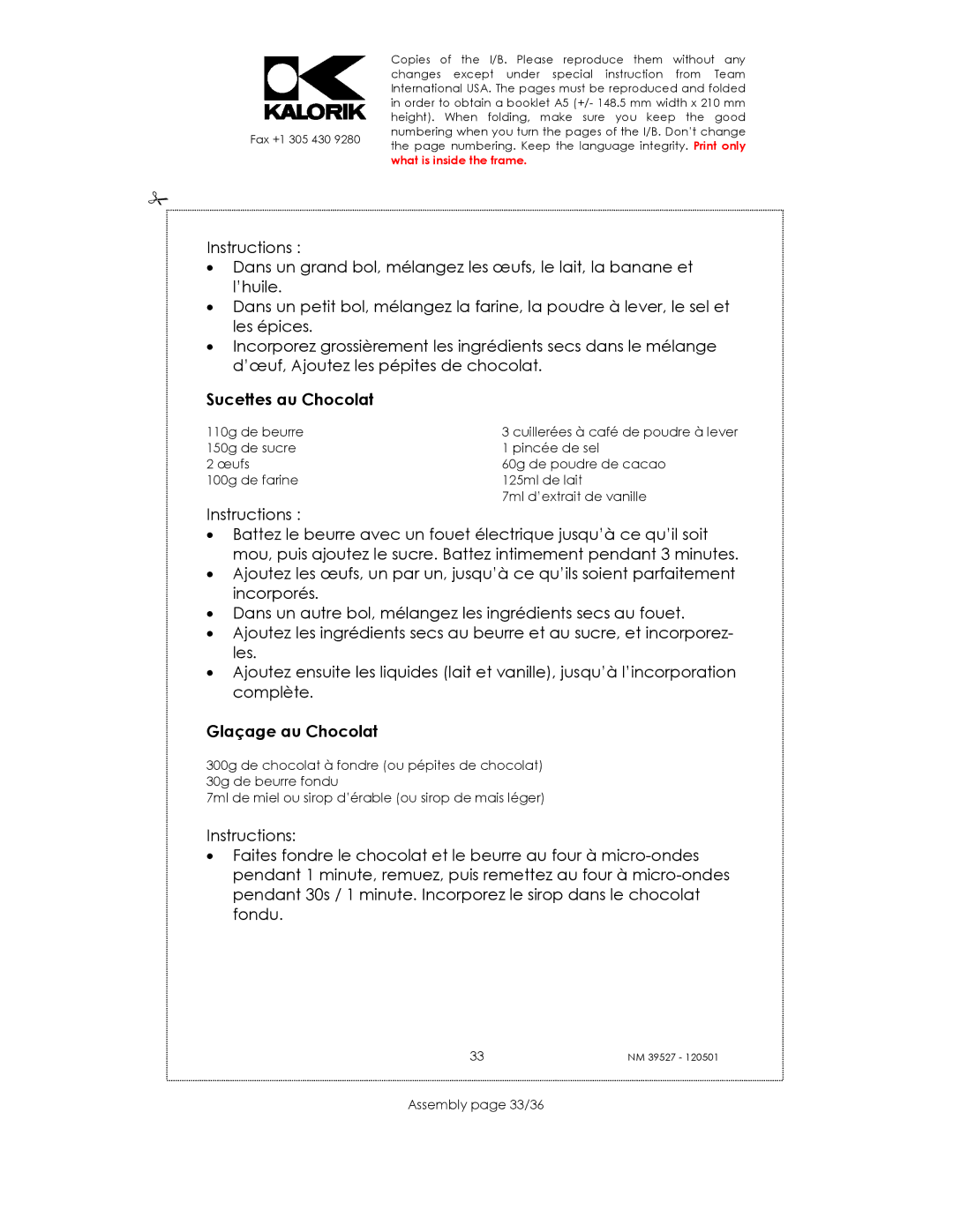 Kalorik NM 39527 manual Sucettes au Chocolat, Glaçage au Chocolat, Assembly page 33/36 