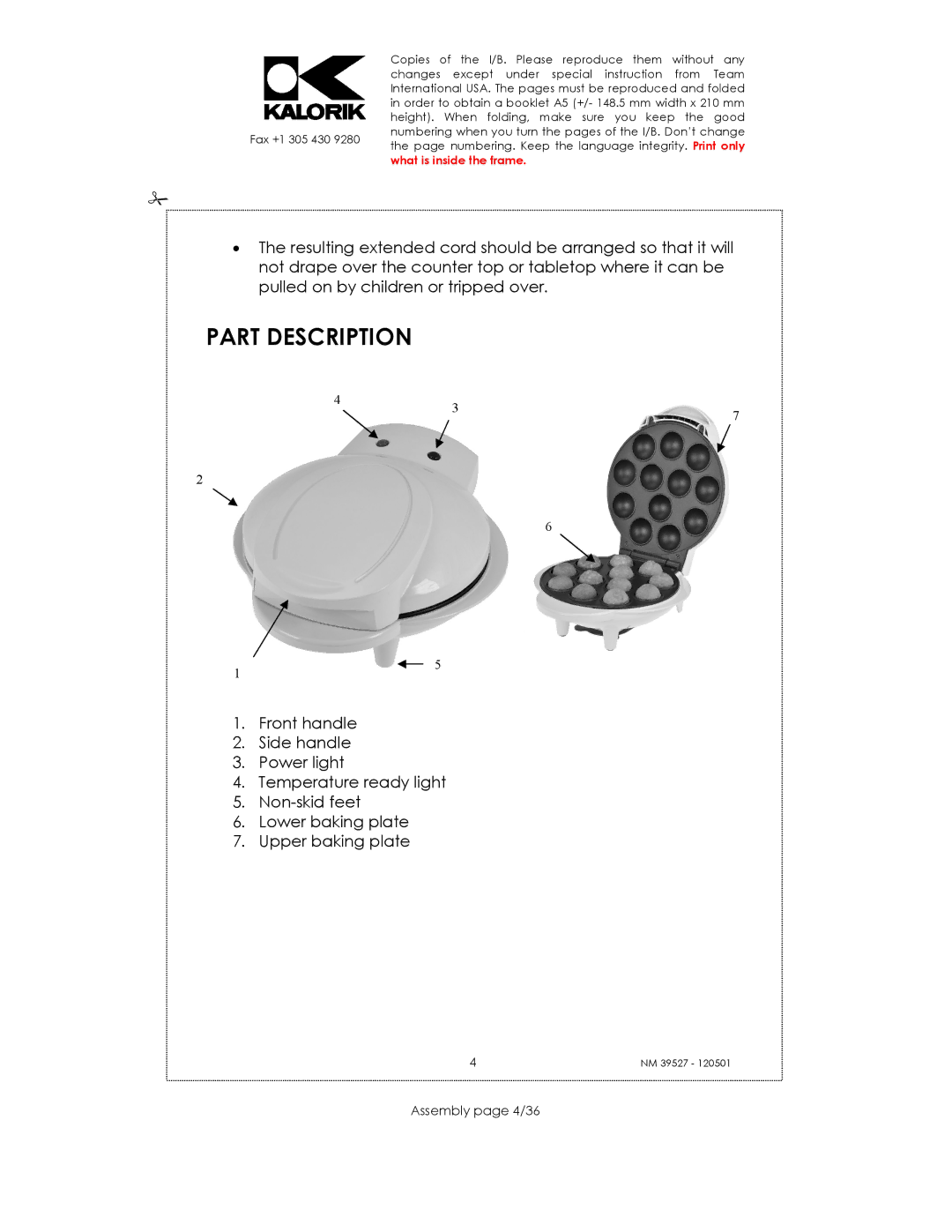 Kalorik NM 39527 manual Part Description, Assembly page 4/36 