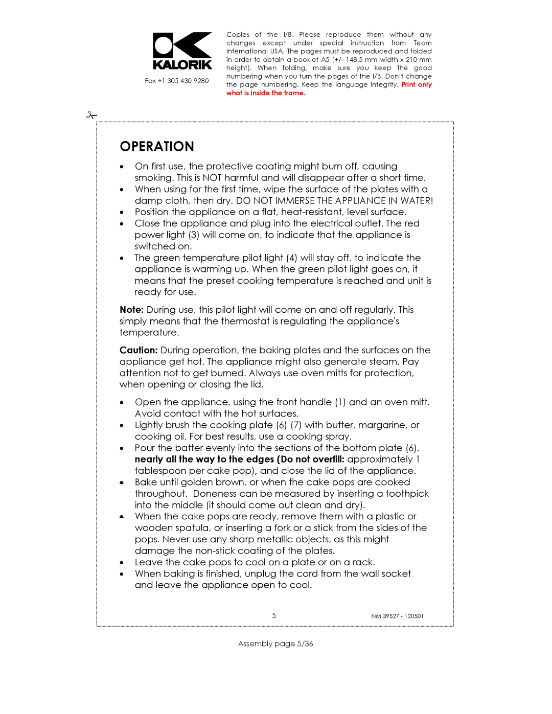 Kalorik NM 39527 manual Operation, Assembly page 5/36 