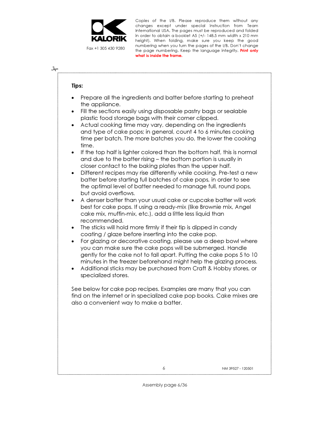 Kalorik NM 39527 manual Tips, Assembly page 6/36 