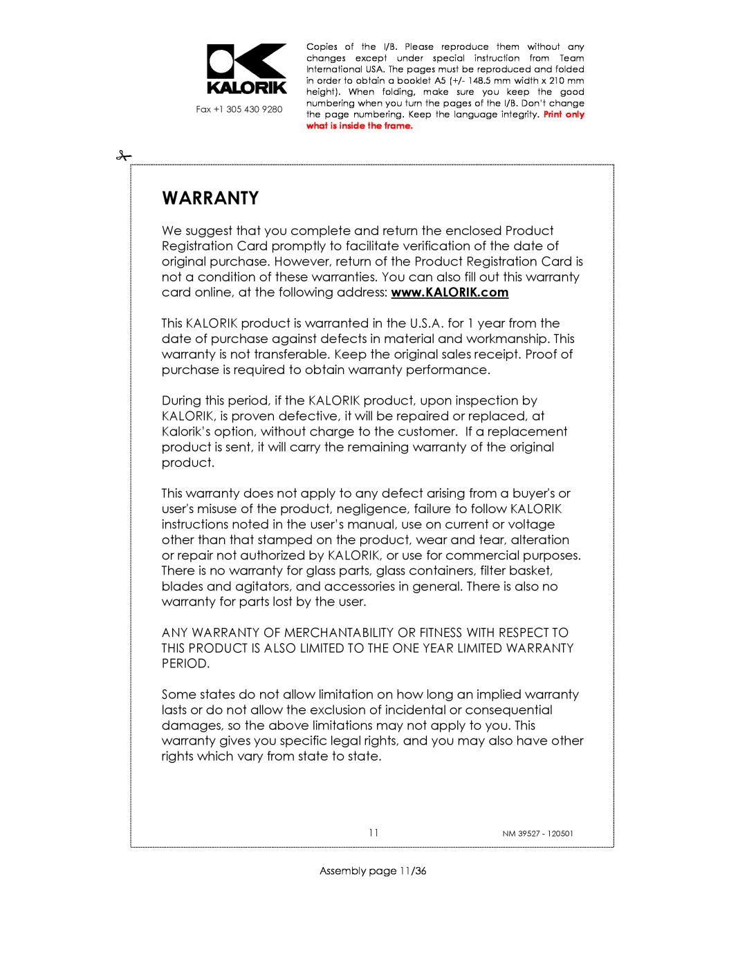 Kalorik NM 39527 manual Warranty, Assembly page 11/36 