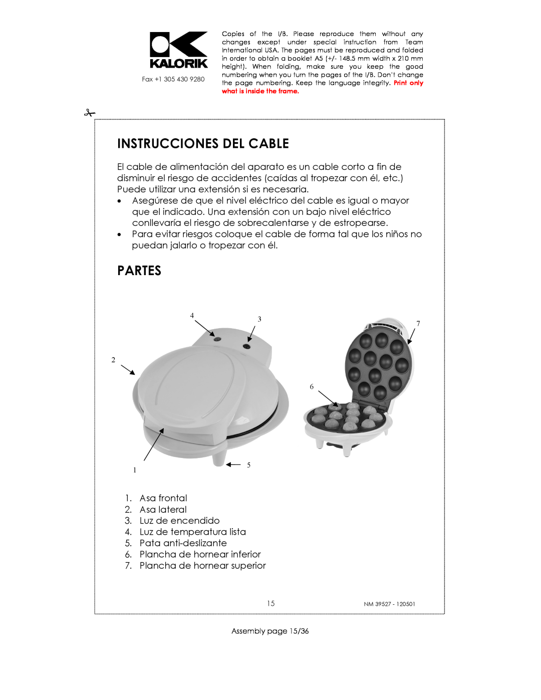 Kalorik NM 39527 manual Instrucciones Del Cable, Partes 