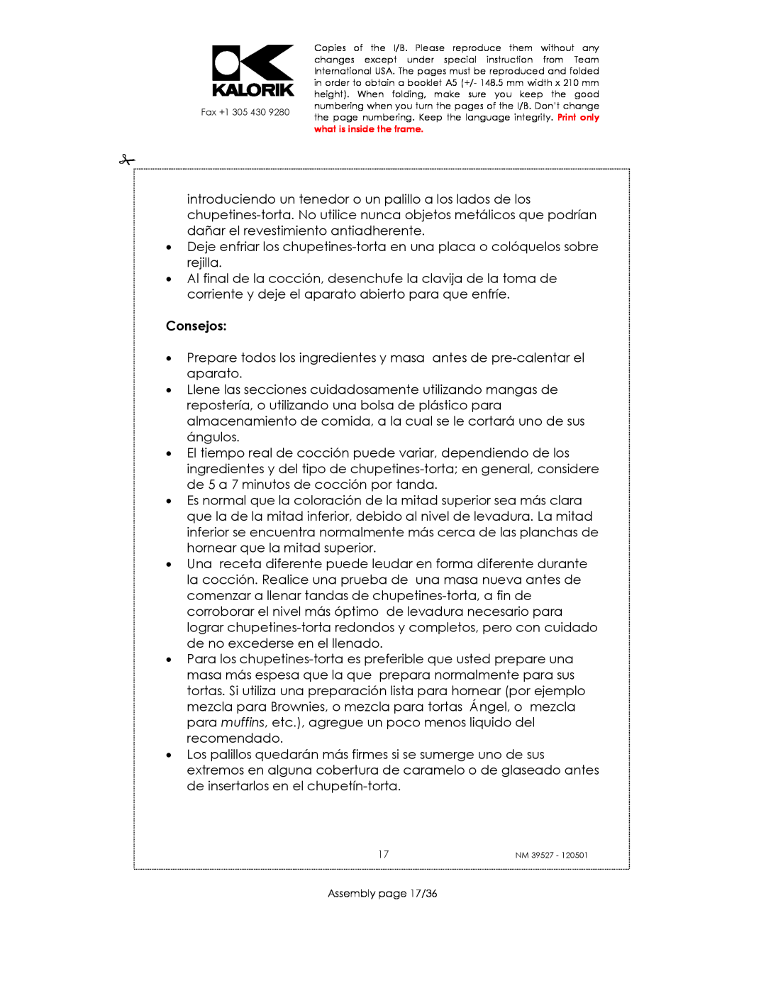 Kalorik NM 39527 manual Consejos, Assembly page 17/36 